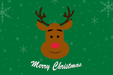 Christmas card with reindeer on green background.