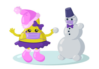 Cute kawaii pear with winter shoes, hair bow, warm hat and medical protective face mask making a snowman. Colored isolated vector illustration in flat design with shadows	