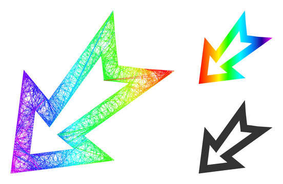 Rainbow colored wire frame arrow left down, and solid rainbow gradient arrow left down icon. Linear frame flat network geometric image based on arrow left down icon, created with intersected lines.