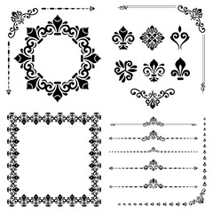 Vintage set of horizontal, square and round elements. Different elements for backgrounds, frames and monograms. Classic black patterns. Set of vintage patterns