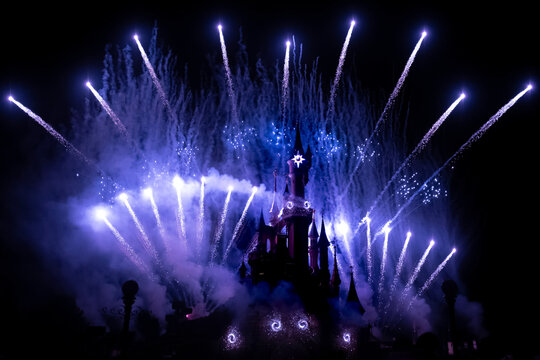 Fireworks to cap off a day at Disneyland, August 26, 2019, Paris, France