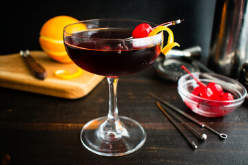 Mahogany Manhattan: A chocolate-cherry bourbon cocktail with a garnish