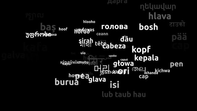 Head Translated in 72 Worldwide Languages Endless Looping 3d Zooming Wordcloud Mask