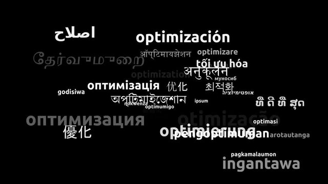 Optimization Translated in 37 Worldwide Languages Endless Looping 3d Zooming Wordcloud Mask
