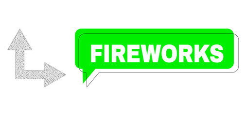 Shifted Fireworks green chat frame and bifurcation arrow right up wireframe structure. Vector flat bifurcation arrow right up, designed with polygonal grid.