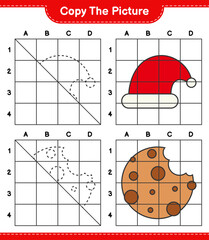 Copy the picture, copy the picture of Santa Hat and Cookies using grid lines. Educational children game, printable worksheet, vector illustration