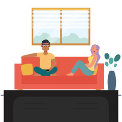 Guys in sofa hygge style design ilustration - Vector