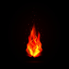 Burning fire flame on black background. Vector transparent realistic bonfire orange, red, yellow with special burning light effect with sparks. Translucent elements for design and decoration