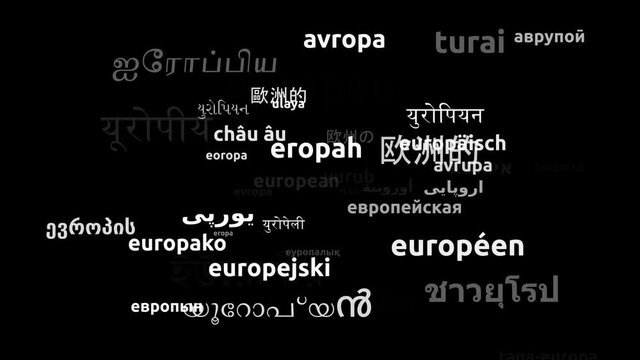 European Translated in 48 Worldwide Languages Endless Looping 3d Zooming Wordcloud Mask