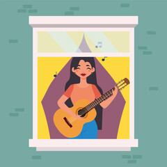 Girl in window with guittar hygge style design ilustration - Vector