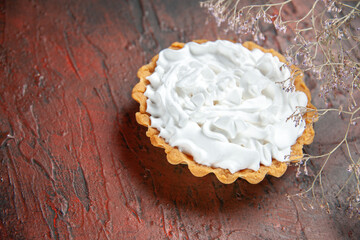bottom view small tart with pastry cream on dark red background free space