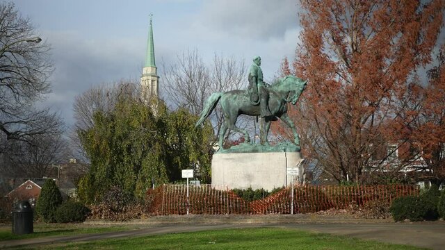 Robert E Lee statue in Market Square Park in Charlottesville, Virginia, confederate monument.