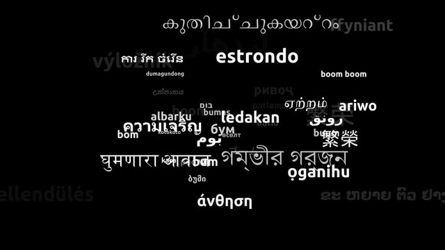 Boom Translated in 49 Worldwide Languages Endless Looping 3d Zooming Wordcloud Mask
