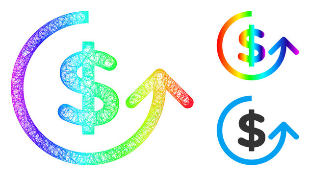 Spectral colorful net chargeback, and solid spectrum gradient chargeback icon. Crossed carcass 2D net geometric image based on chargeback icon, made with crossed lines.