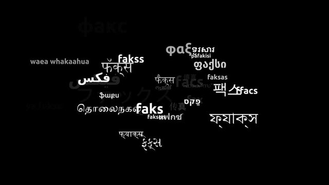 Fax Translated in 33 Worldwide Languages Endless Looping 3d Zooming Wordcloud Mask