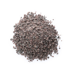 Pile of Himalayan black salt isolated on white, top view