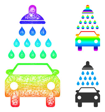 Spectrum vibrant net car shower, and solid spectral gradient car shower icon. Crossed frame 2D net geometric image based on car shower icon, is made with crossed lines.