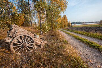 Fototapeta na wymiar On a country road, an old cart. Autumn sunny day