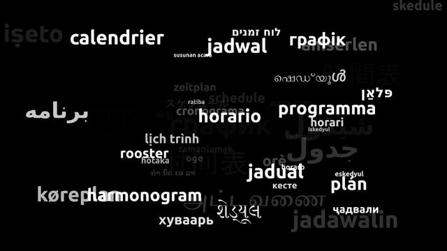 Schedule Translated in 53 Worldwide Languages Endless Looping 3d Zooming Wordcloud Mask