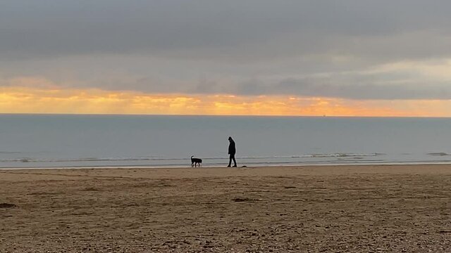 beach with man walking dog at sunset, Camber sands beach popular in summer with day trippers and winter with horse riders and dog walkers 
