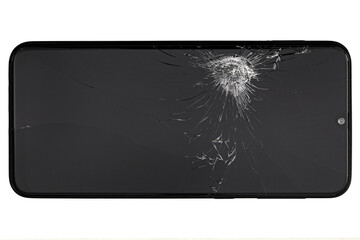 Smartphone with broken display screen, isolated on white background