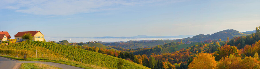 Autumn landscape with South Styria vineyards, known as Austrian Tuscany, a charming region on the...