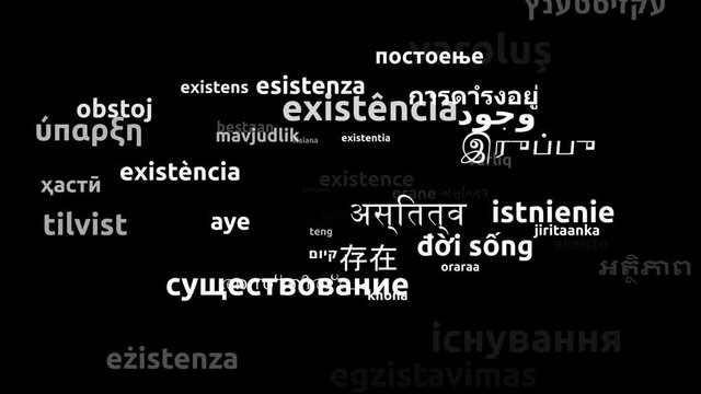 Existence Translated in 50 Worldwide Languages Endless Looping 3d Zooming Wordcloud Mask