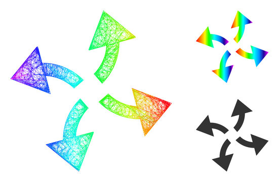 Spectrum colored wire frame centrifugal arrows, and solid spectrum gradient centrifugal arrows icon. Wire carcass flat net abstract image based on centrifugal arrows icon,