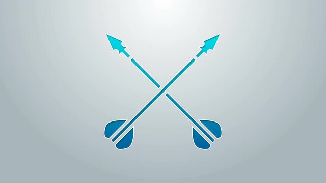 Blue line Medieval crossed arrows icon isolated on grey background. Medieval weapon. 4K Video motion graphic animation