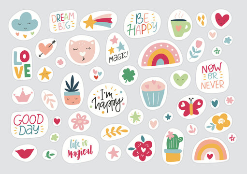 Stickers flat vector illustration. Trendy hand drawn rainbow collection, inspirational quotes, plants, leaves, cat. Cute set symbols of weekly or daily planner, to do list, diaries, organizer.