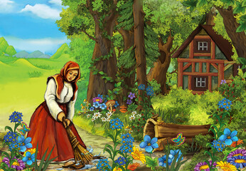 cartoon scene with farm woman in the forest near house illustration