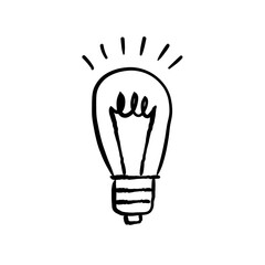 Shining light bulb doodle illustration. Hand drawn bright electric lamp. Symbol of idea and solution.