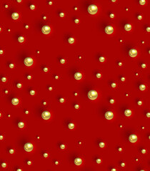 Gold balls on red background. Geometric Seamless Pattern. Texture with golden round spheres. Design Template for packaging, cards, holiday decoration, textile, wallpaper, interior