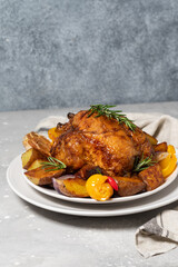 Нoliday food roast chicken or poultry with potatoes and vegetables on a white plate. dish for family dinner or lunch Christmas New Year Thanksgiving