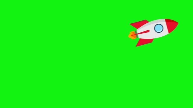 Spaceship flying through space on green screen background. 2d seamless motion animated rocket launch, spacecraft with fire flame in flat style. 4K looped video animation