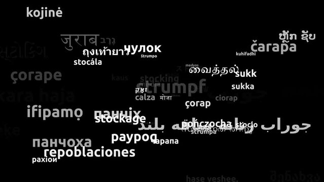 Stocking Translated in 55 Worldwide Languages Endless Looping 3d Zooming Wordcloud Mask