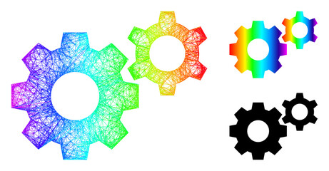 Spectral vibrant net mesh gears, and solid rainbow gradient gears icon. Wire carcass 2D net abstract symbol based on gears icon, is generated from intersected lines.