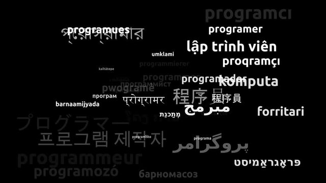 Programmer Translated in 38 Worldwide Languages Endless Looping 3d Zooming Wordcloud Mask