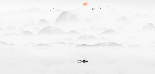 New Chinese ink landscape background illustration