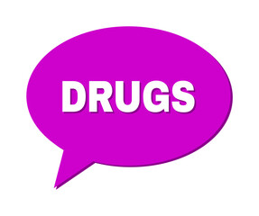 Speech DRUGS Colored Bubble Frame. DRUGS label is located inside colored speech balloon with shadow. Vector quote label inside message frame.