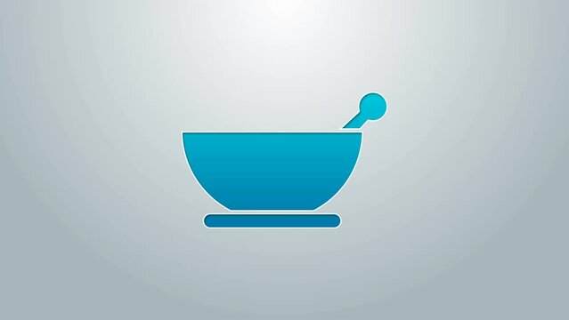 Blue line Mortar and pestle icon isolated on grey background. 4K Video motion graphic animation