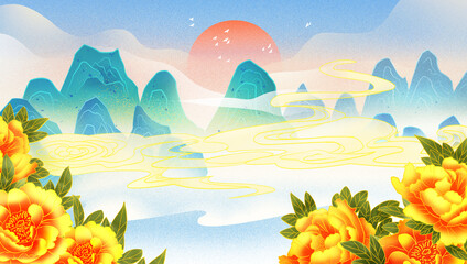 Fototapeta na wymiar Guochaofeng peony green mountains and waters landscape illustration