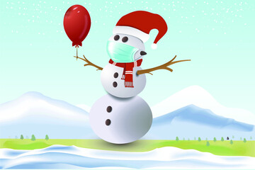 Snowman wearing a medical mask standing holding a red balloon with snow mountain and snowflake background. Celebrating Christmas and the virus outbreak