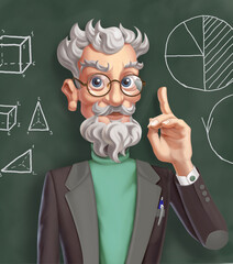 High quality freehand illustration of classroom teacher. Illustration of elderly Caucasian with glasses  teaching lesson in front of Blackboard. School and education.