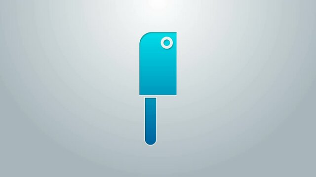 Blue line Meat chopper icon isolated on grey background. Kitchen knife for meat. Butcher knife. 4K Video motion graphic animation