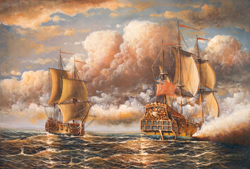 Fight of two military sailing ships at sea. Old oil painting - obrazy, fototapety, plakaty