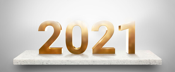 Golden 2021 numbers on marble stone shelf in gradient gray banner background for new year concept
