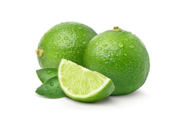 Fresh lime with sliced and water droplets isolated on white background.
