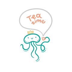 Сard with cute cartoon jellyfish and tea. Funny animal print. Vector doodle poster. Line art children illustration.