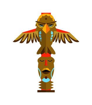 Traditional totem pole tiki mask, eagle on white background